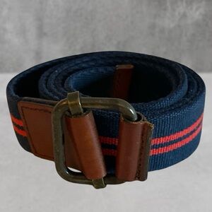 1969 Men's Navy Canvas Belt with Red Stripe and Brown Leather Accents